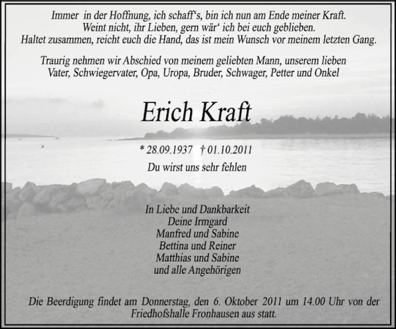 Traueranzeigen Von Erich Kraft Trauer Anzeigen De