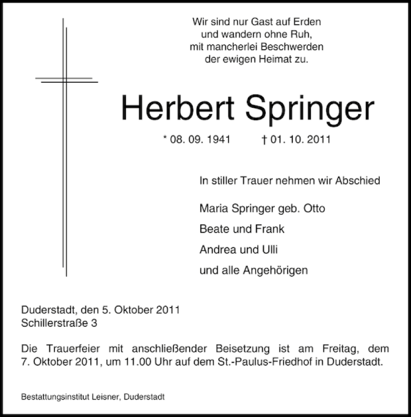 Traueranzeigen Von Herbert Springer Trauer Anzeigen De