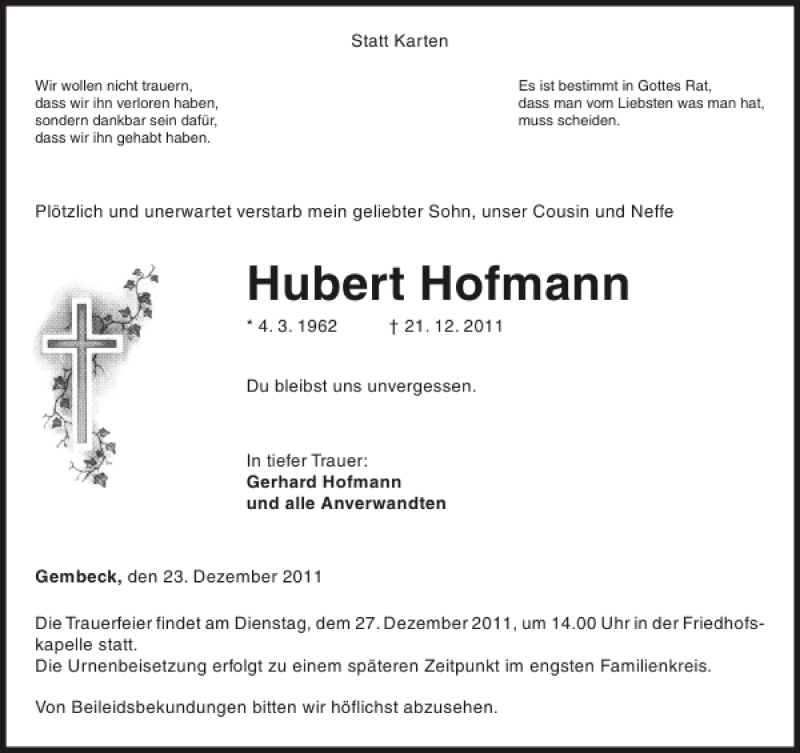 Traueranzeigen Von Hubert Hofmann Trauer Anzeigen De