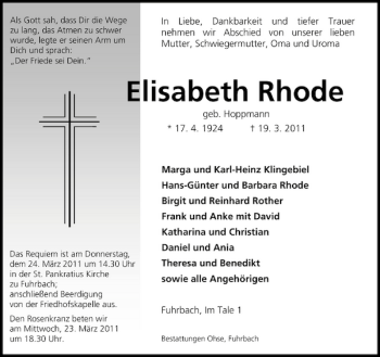 Traueranzeigen Von Elisabeth Rhode Trauer Anzeigen De