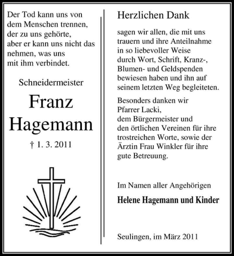 Traueranzeigen Von Franz Hagemann Trauer Anzeigen De