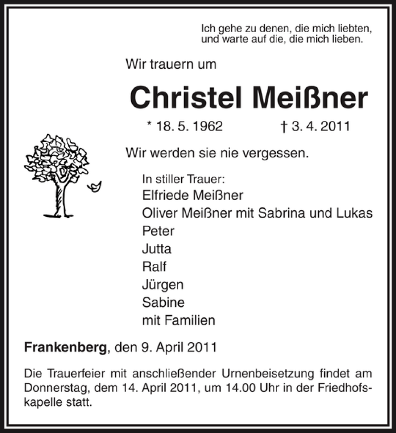 Traueranzeigen von Christel Meißner trauer anzeigen de