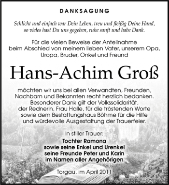 Traueranzeigen von Hans Achim Groß trauer anzeigen de