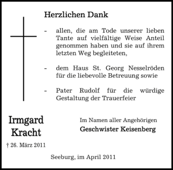 Traueranzeigen Von Irmgard Kracht Trauer Anzeigen De