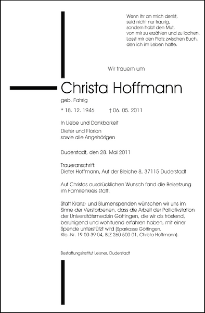 Traueranzeigen Von Christa Hoffmann Trauer Anzeigen De