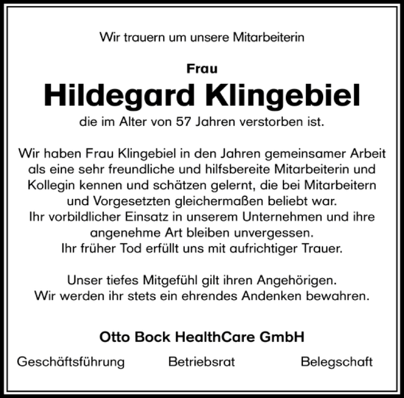 Traueranzeigen Von Hildegard Klingebiel Trauer Anzeigen De