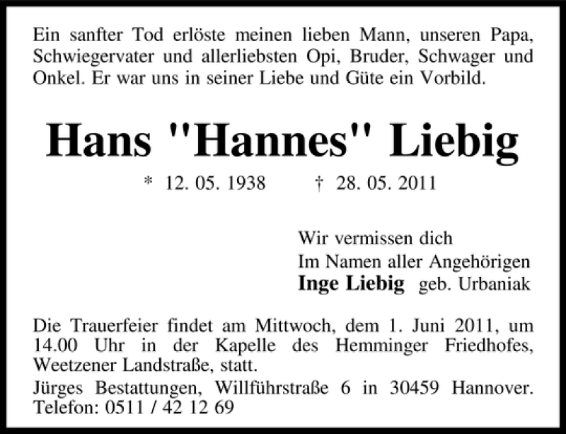 Traueranzeigen Von Hans Hannes Liebig Trauer Anzeigen De