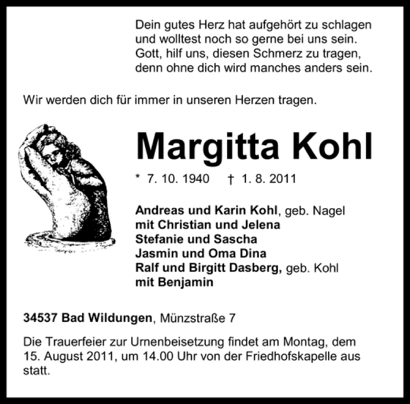 Traueranzeigen Von Margitta Kohl Trauer Anzeigen De