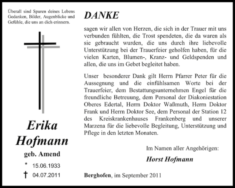 Traueranzeigen Von Erika Hofmann Trauer Anzeigen De