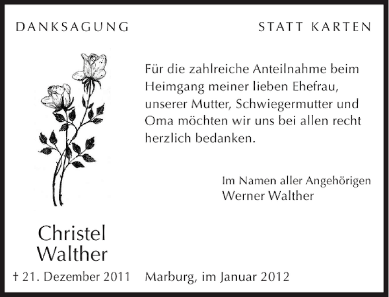 Traueranzeigen Von Christel Walther Trauer Anzeigen De