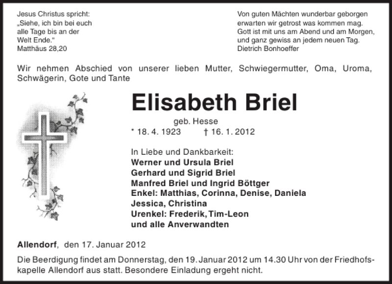 Traueranzeigen Von Elisabeth Briel Trauer Anzeigen De