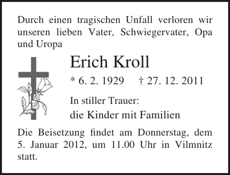 Traueranzeigen Von Erich Kroll Trauer Anzeigen De