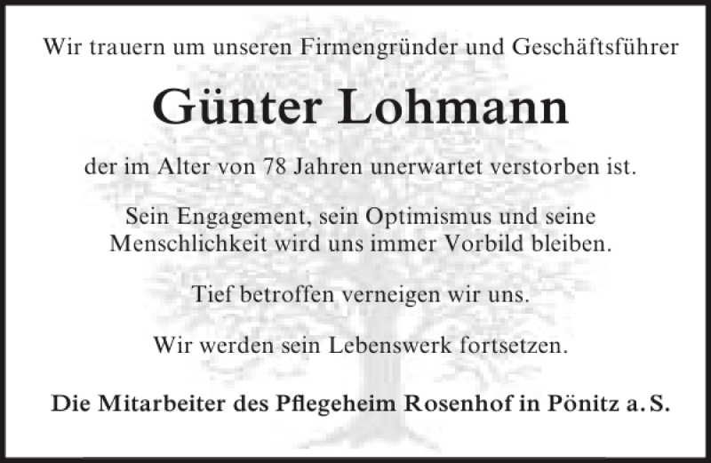 Traueranzeigen Von G Nter Lohmann Trauer Anzeigen De