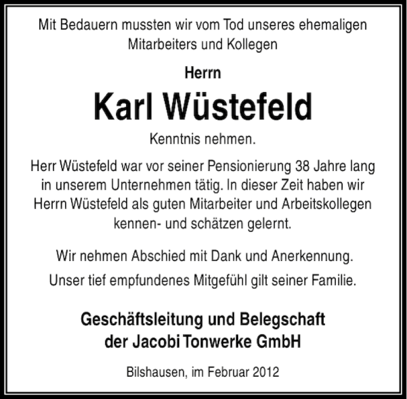 Traueranzeigen von Karl Wüstefeld trauer anzeigen de