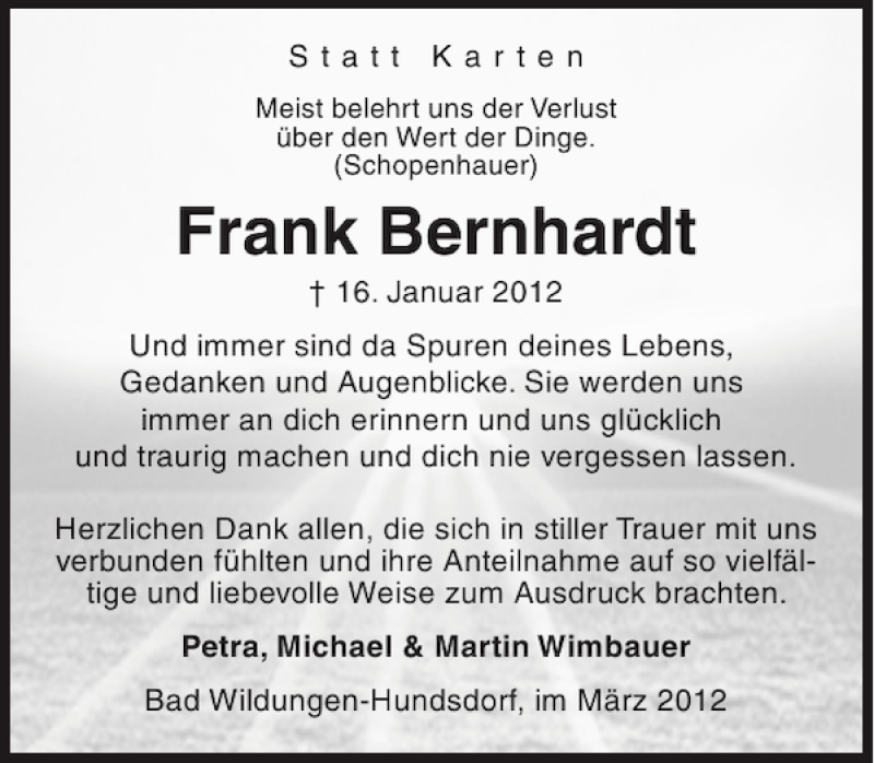 Traueranzeigen Von Frank Bernhardt Trauer Anzeigen De