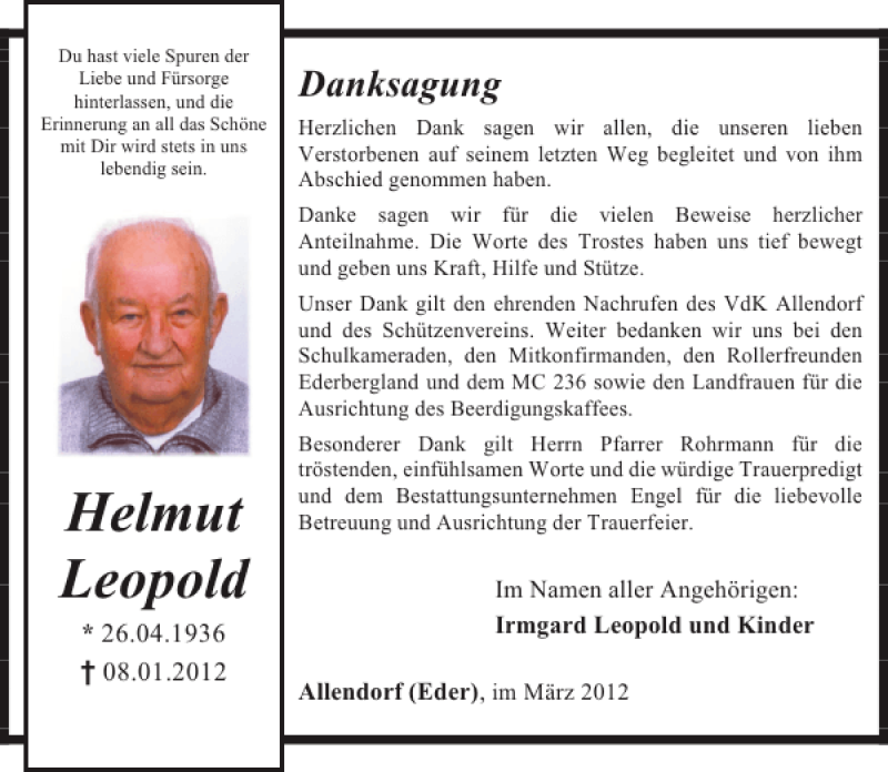 Traueranzeigen Von Helmut Leopold Trauer Anzeigen De