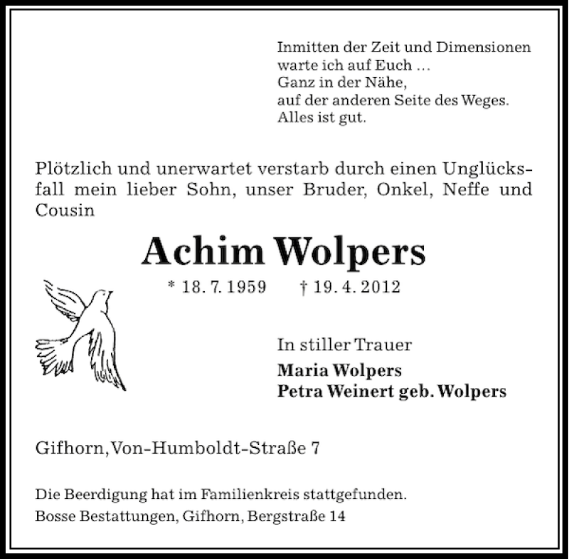 Traueranzeigen Von Achim Wolpers Trauer Anzeigen De