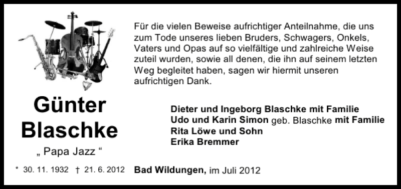 Traueranzeigen von Günter Blaschke trauer anzeigen de