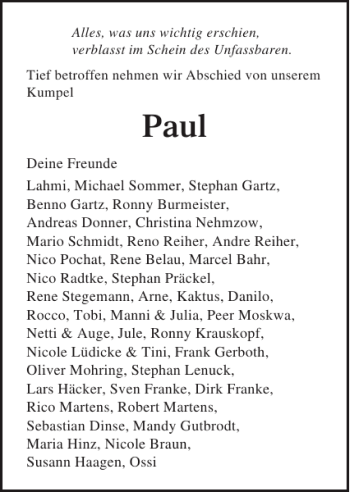 Traueranzeigen Von Paul Trauer Anzeigen De