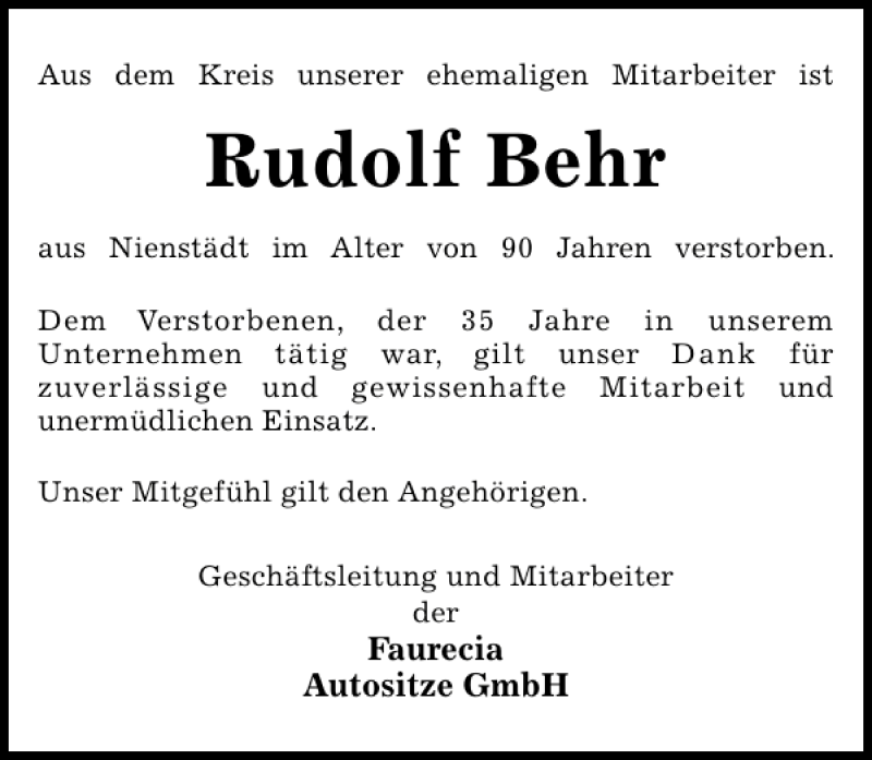 Traueranzeigen Von Rudolf Behr Trauer Anzeigen De