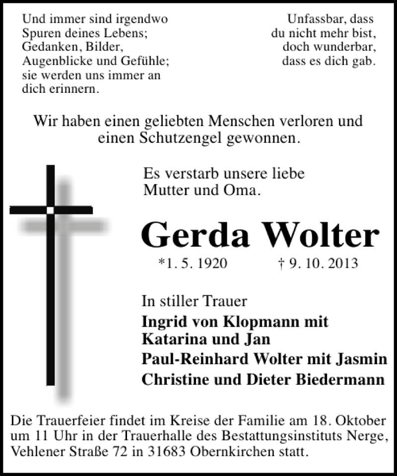 Traueranzeigen Von Gerda Wolter Trauer Anzeigen De