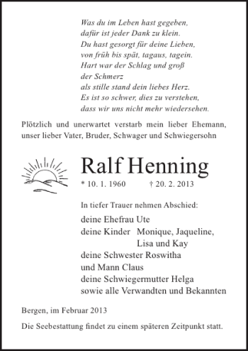 Traueranzeigen Von Ralf Henning Trauer Anzeigen De