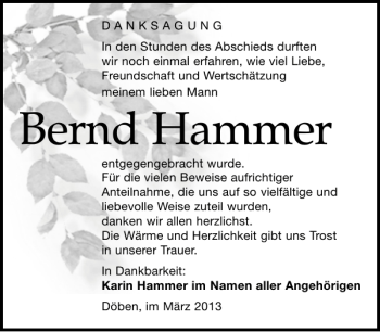 Traueranzeigen Von Bernd Hammer Trauer Anzeigen De