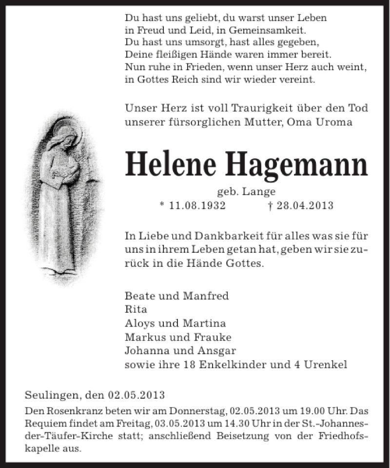 Traueranzeigen Von Helene Hagemann Trauer Anzeigen De