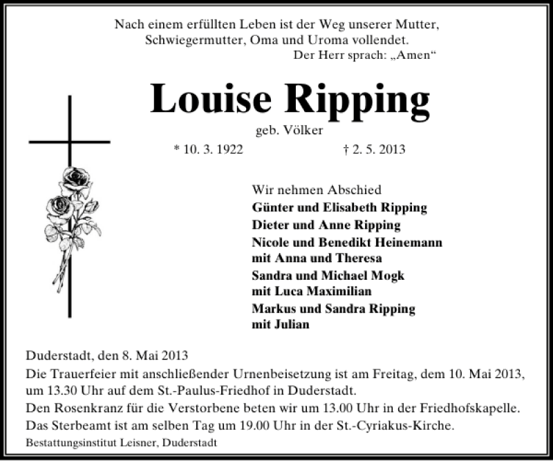 Traueranzeigen Von Louise Ripping Trauer Anzeigen De