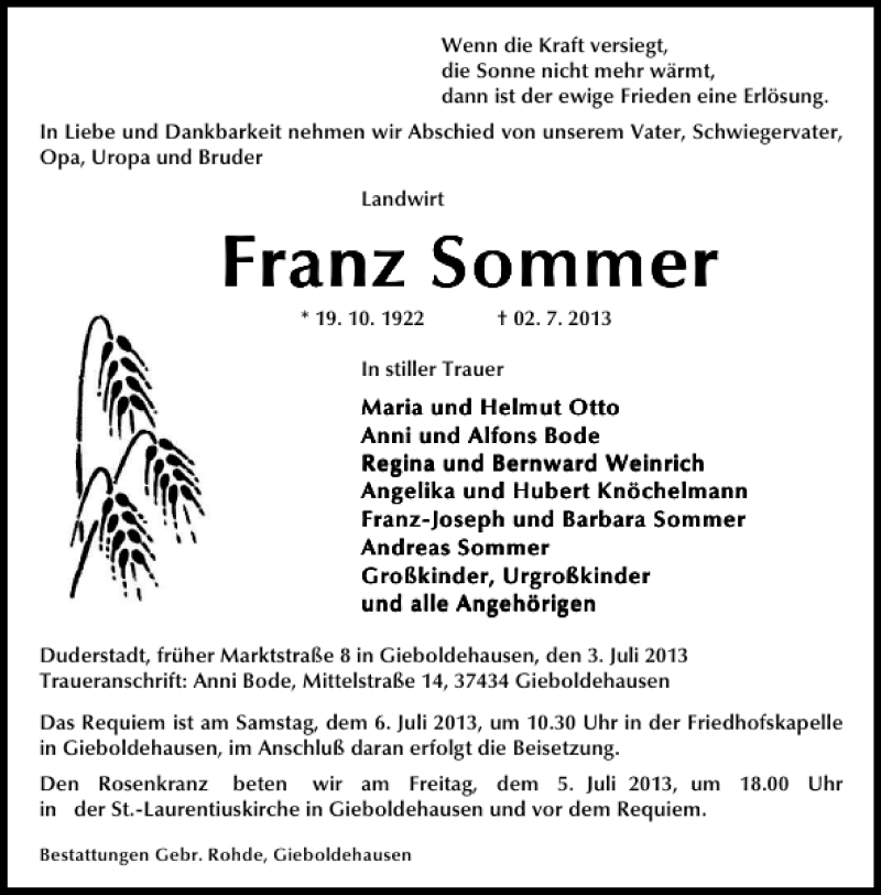 Traueranzeigen Von Franz Sommer Trauer Anzeigen De