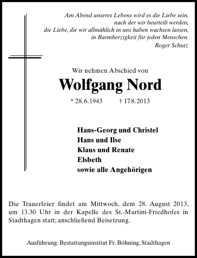 Traueranzeigen Von Wolfgang Nord Trauer Anzeigen De