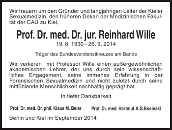 Traueranzeigen Von Prof Dr Med Dr Jur Reinhard Wille Trauer