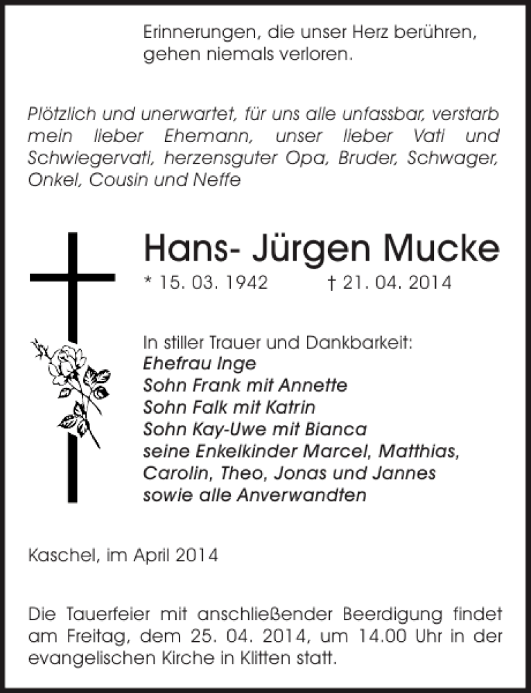 Traueranzeigen von Hans Jürgen Mucke trauer anzeigen de