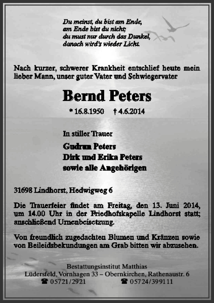 Traueranzeigen Von Bernd Peters Trauer Anzeigen De