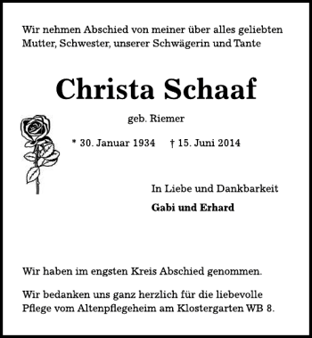 Traueranzeigen Von Christa Schaaf Trauer Anzeigen De