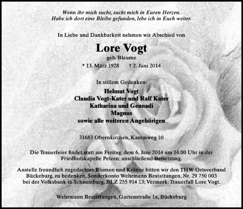 Traueranzeigen Von Lore Vogt Trauer Anzeigen De