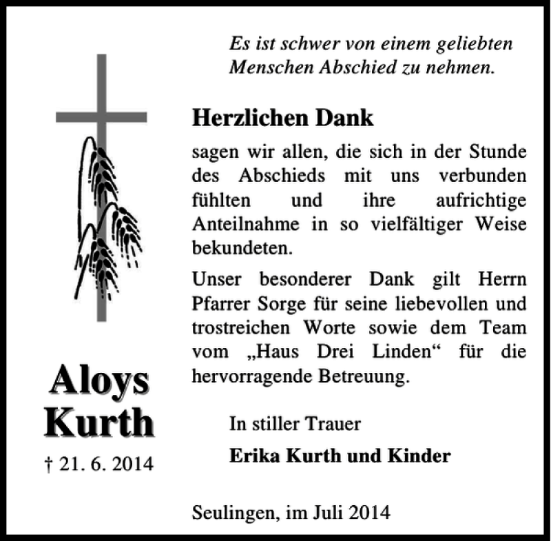 Traueranzeigen Von Aloys Kurth Trauer Anzeigen De