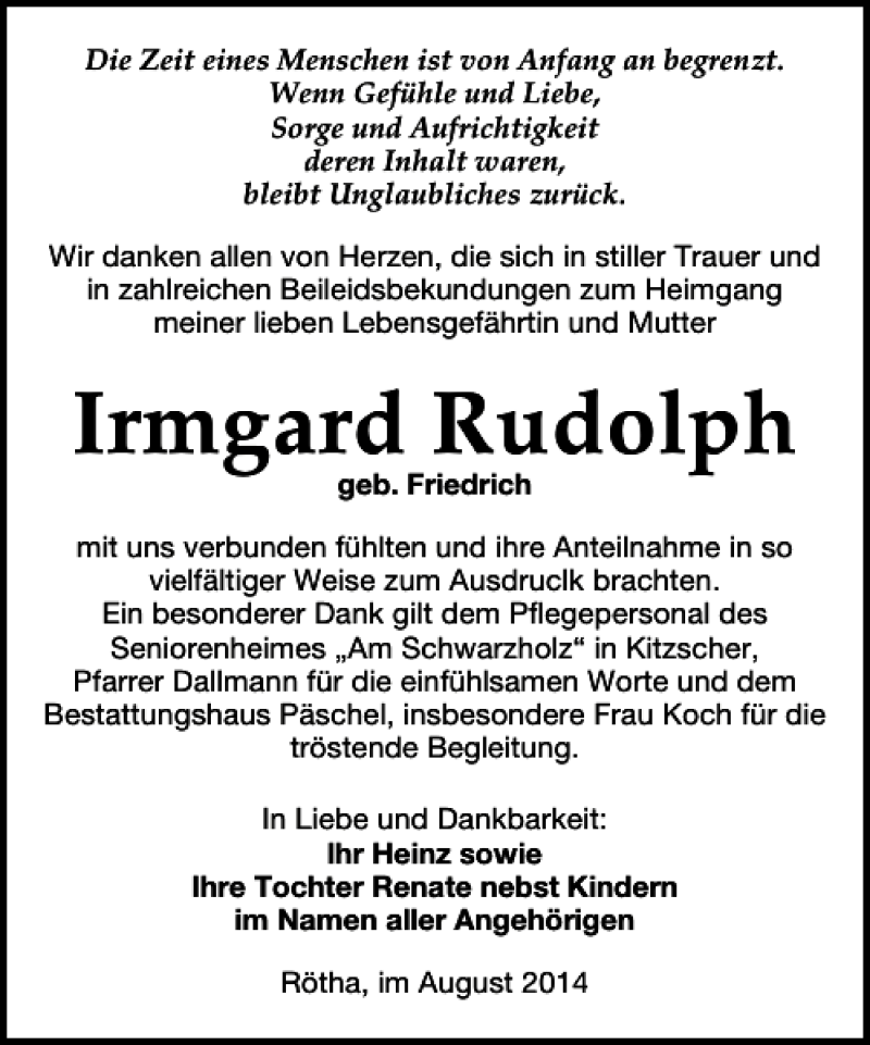 Traueranzeigen Von Irmgard Rudolph Trauer Anzeigen De