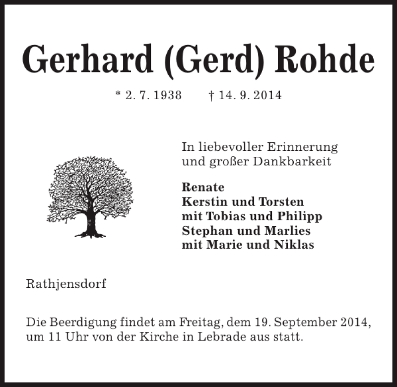 Traueranzeigen Von Gerhard Gerd Rohde Trauer Anzeigen De