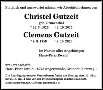 Traueranzeigen Von Christel Clemens Gutzeit Trauer Anzeigen De