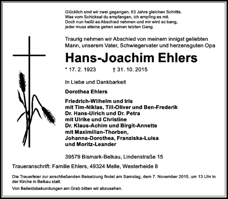 Traueranzeigen Von Hans Joachim Ehlers Trauer Anzeigen De