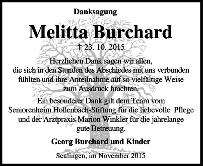 Traueranzeigen Von Melitta Burchard Trauer Anzeigen De