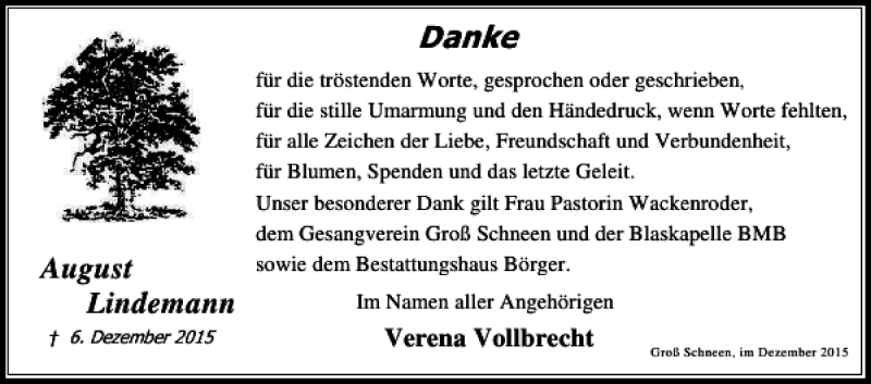 Traueranzeigen Von August Lindemann Trauer Anzeigen De