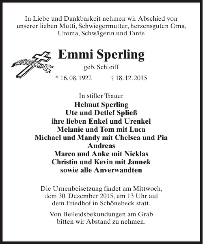 Traueranzeigen Von Emmi Sperling Trauer Anzeigen De