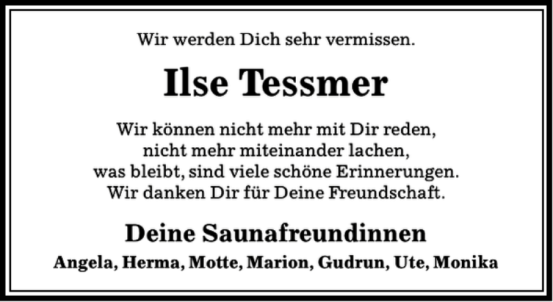 Traueranzeigen Von Ilse Tessmer Trauer Anzeigen De