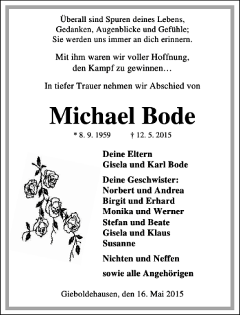 Traueranzeigen Von Michael Bode Trauer Anzeigen De