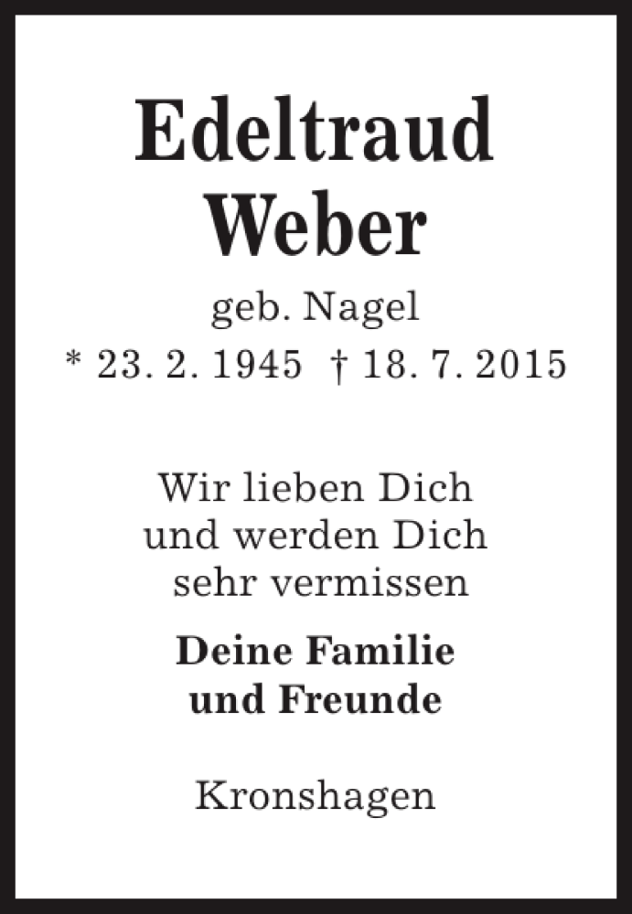 Traueranzeigen Von Edeltraud Weber Trauer Anzeigen De