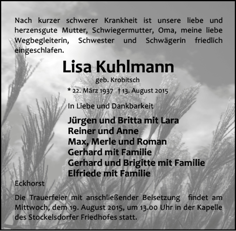 Traueranzeigen Von Lisa Kuhlmann Trauer Anzeigen De