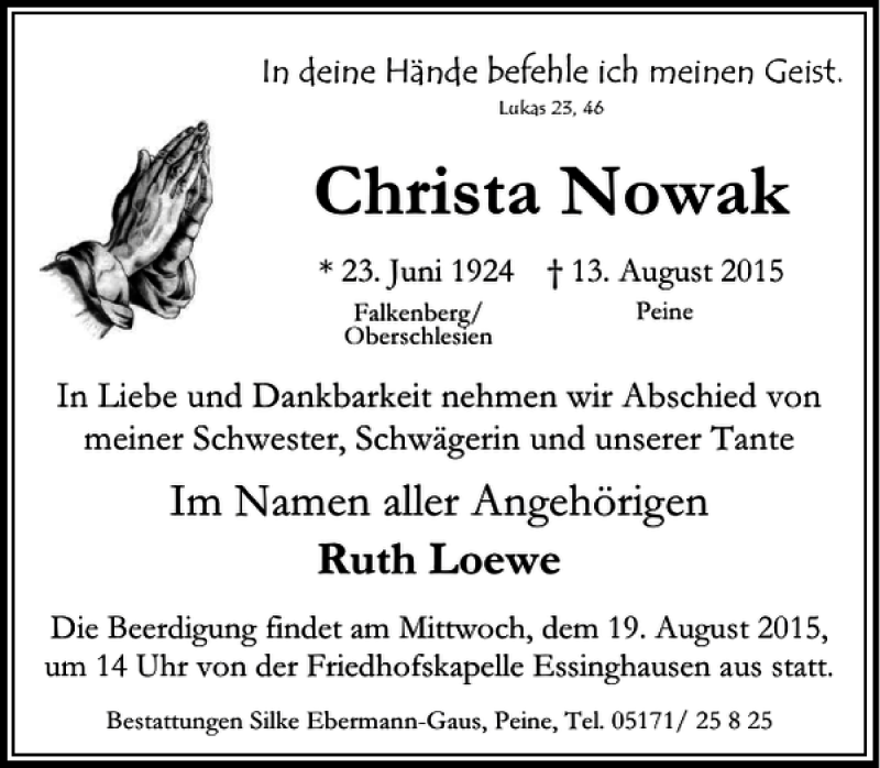 Traueranzeigen Von Christa Nowak Trauer Anzeigen De