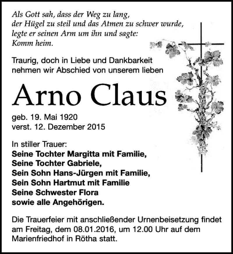 Traueranzeigen Von Arno Claus Trauer Anzeigen De